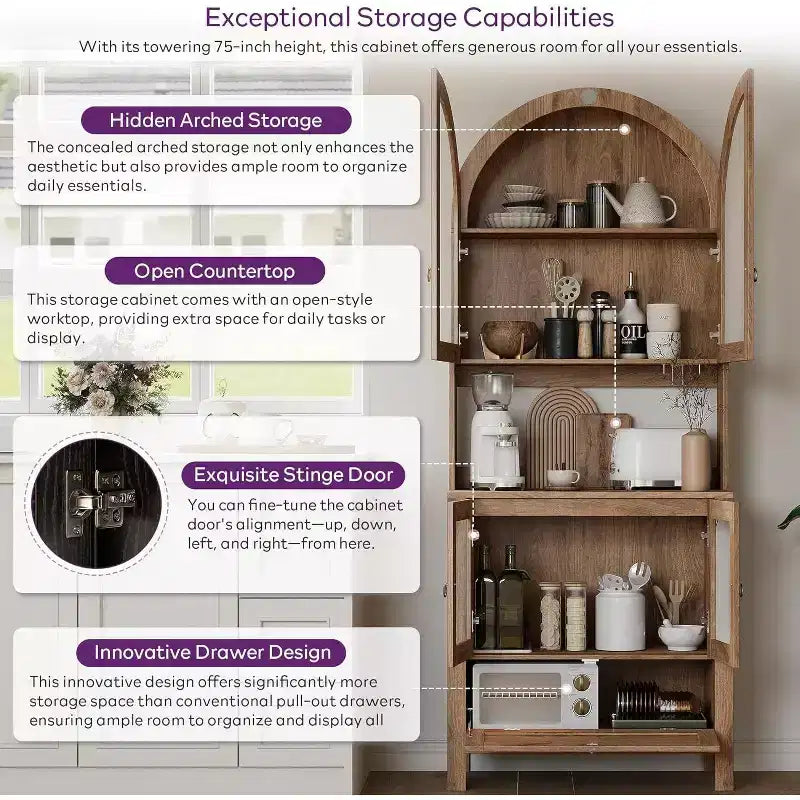 75-Inch Tall Arched Wood Kitchen Pantry Cabinet with Anti-Tipping Device and Innovative Drawer