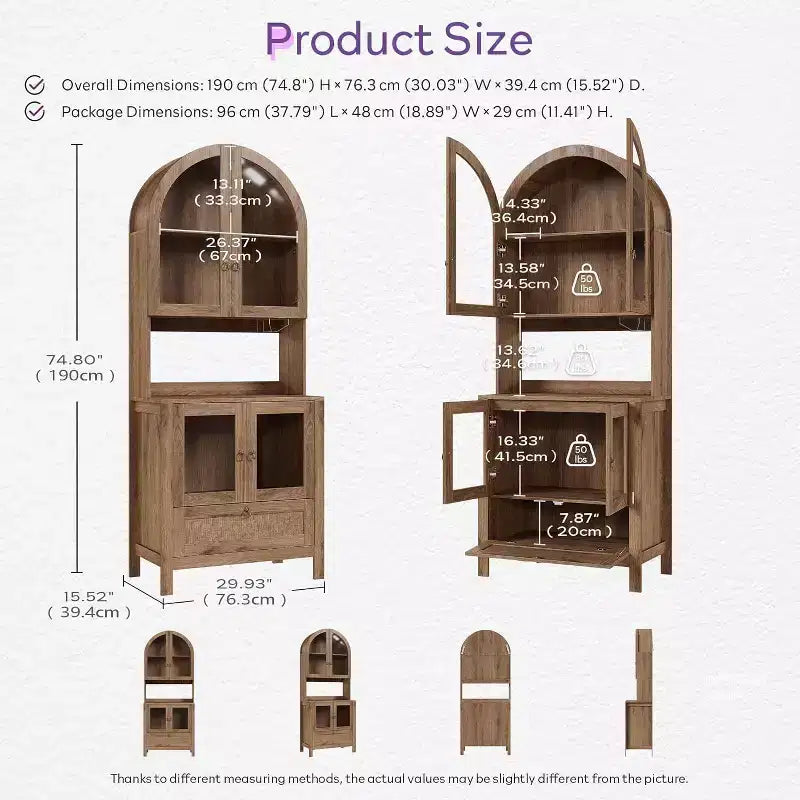 75-Inch Tall Arched Wood Kitchen Pantry Cabinet with Anti-Tipping Device and Innovative Drawer
