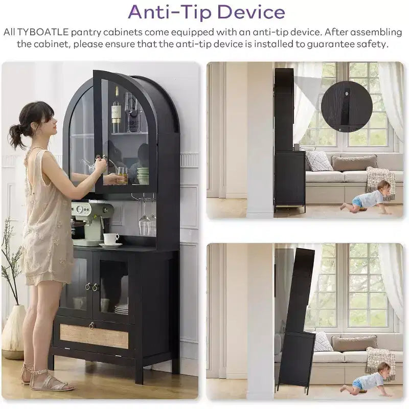 75-Inch Tall Arched Wood Kitchen Pantry Cabinet with Anti-Tipping Device and Innovative Drawer