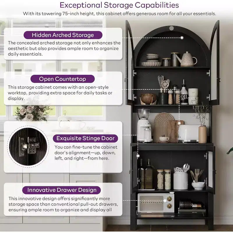 75-Inch Tall Arched Wood Kitchen Pantry Cabinet with Anti-Tipping Device and Innovative Drawer