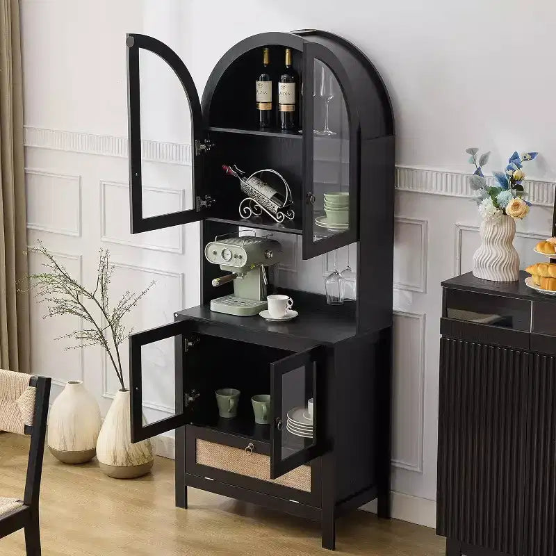 75-Inch Tall Arched Wood Kitchen Pantry Cabinet with Anti-Tipping Device and Innovative Drawer