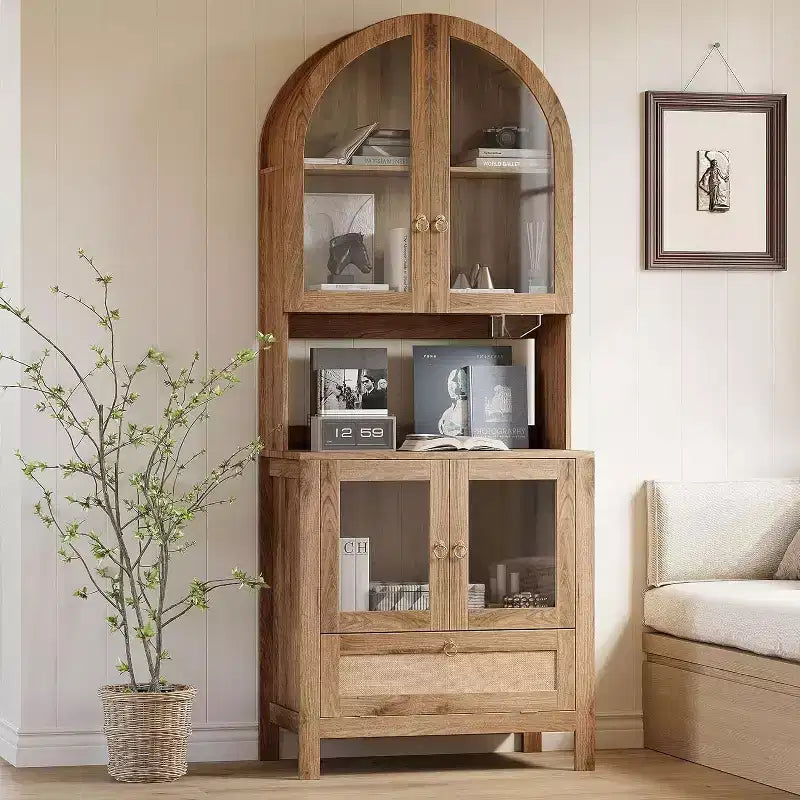 75-Inch Tall Arched Wood Kitchen Pantry Cabinet with Anti-Tipping Device and Innovative Drawer