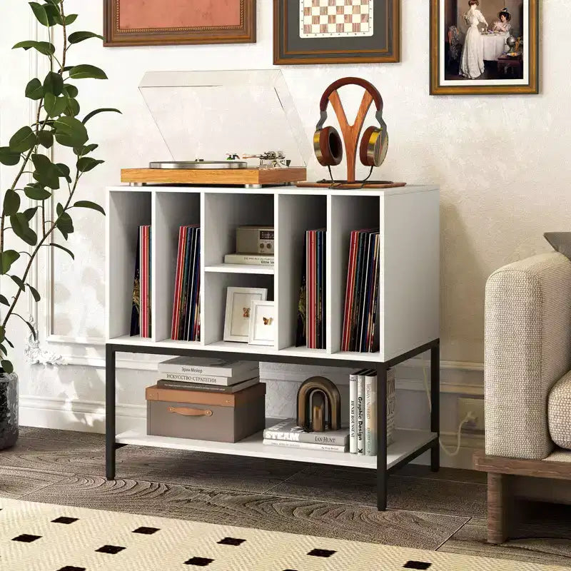 Record Player Stand with Charging Station, Vinyl Storage Shelves and Metal Frame