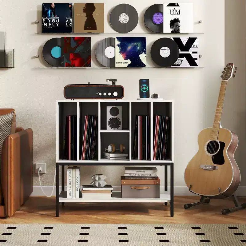 Record Player Stand with Charging Station, Vinyl Storage Shelves and Metal Frame