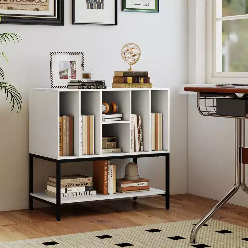 Record Player Stand with Charging Station, Vinyl Storage Shelves and Metal Frame
