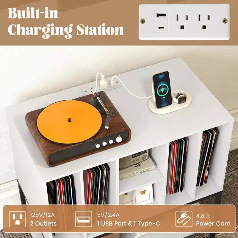 Record Player Stand with Charging Station, Vinyl Storage Shelves and Metal Frame