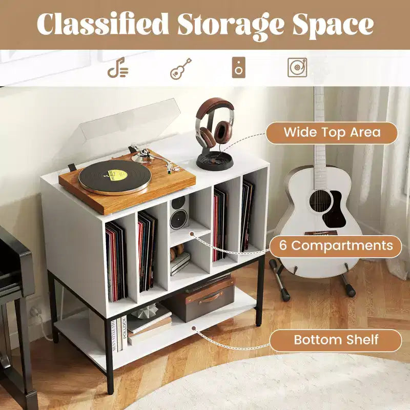 Record Player Stand with Charging Station, Vinyl Storage Shelves and Metal Frame
