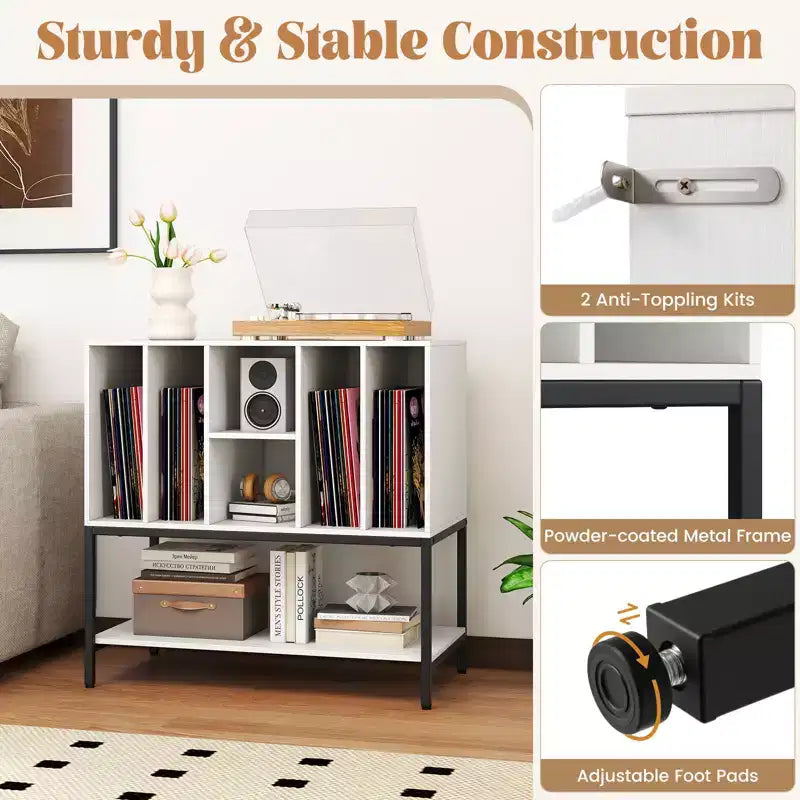 Record Player Stand with Charging Station, Vinyl Storage Shelves and Metal Frame