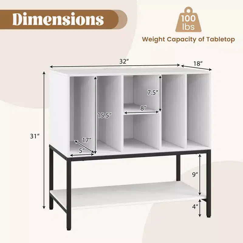Record Player Stand with Charging Station, Vinyl Storage Shelves and Metal Frame