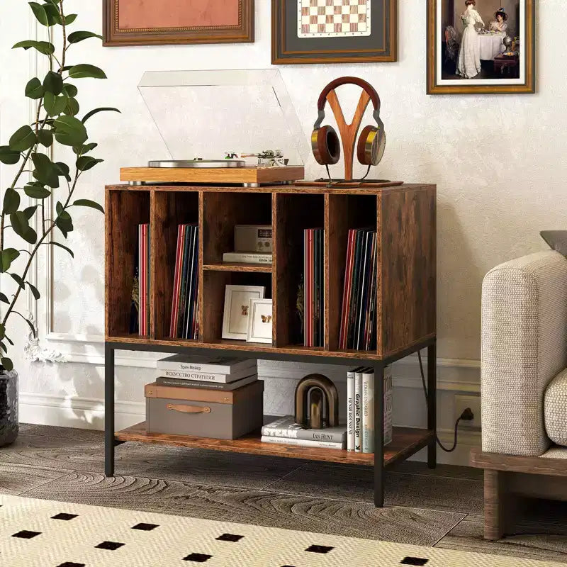 Record Player Stand with Charging Station, Vinyl Storage Shelves and Metal Frame