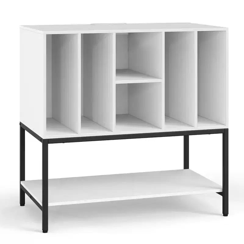 Record Player Stand with Charging Station, Vinyl Storage Shelves and Metal Frame