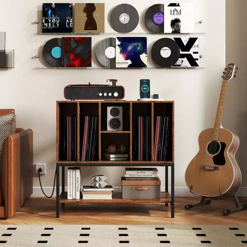 Record Player Stand with Charging Station, Vinyl Storage Shelves and Metal Frame