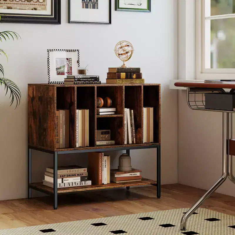 Record Player Stand with Charging Station, Vinyl Storage Shelves and Metal Frame