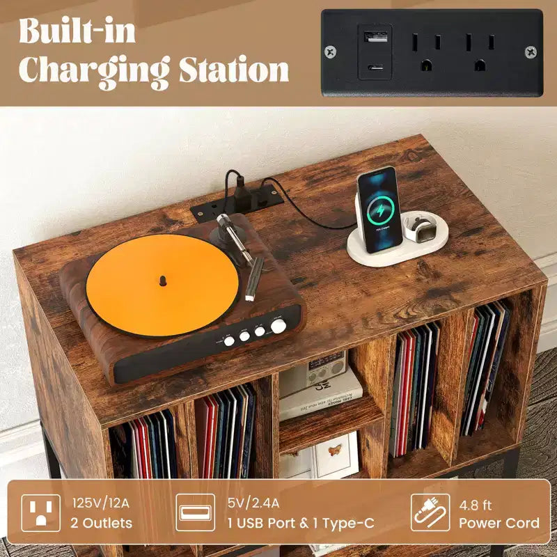 Record Player Stand with Charging Station, Vinyl Storage Shelves and Metal Frame