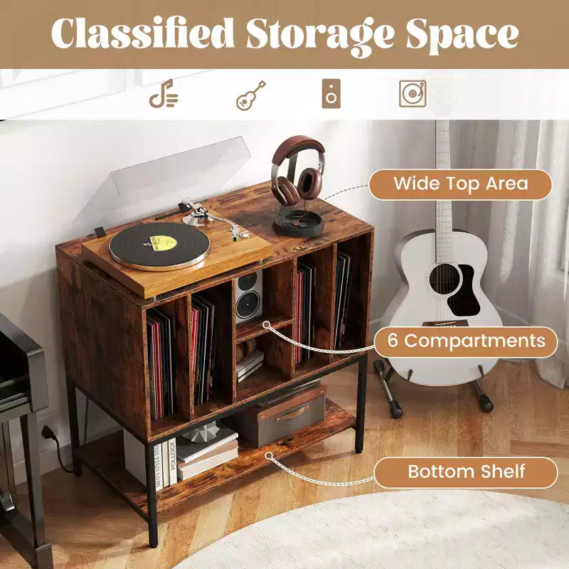 Record Player Stand with Charging Station, Vinyl Storage Shelves and Metal Frame