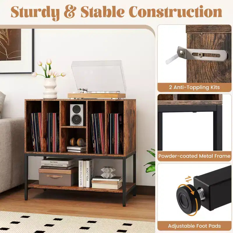 Record Player Stand with Charging Station, Vinyl Storage Shelves and Metal Frame