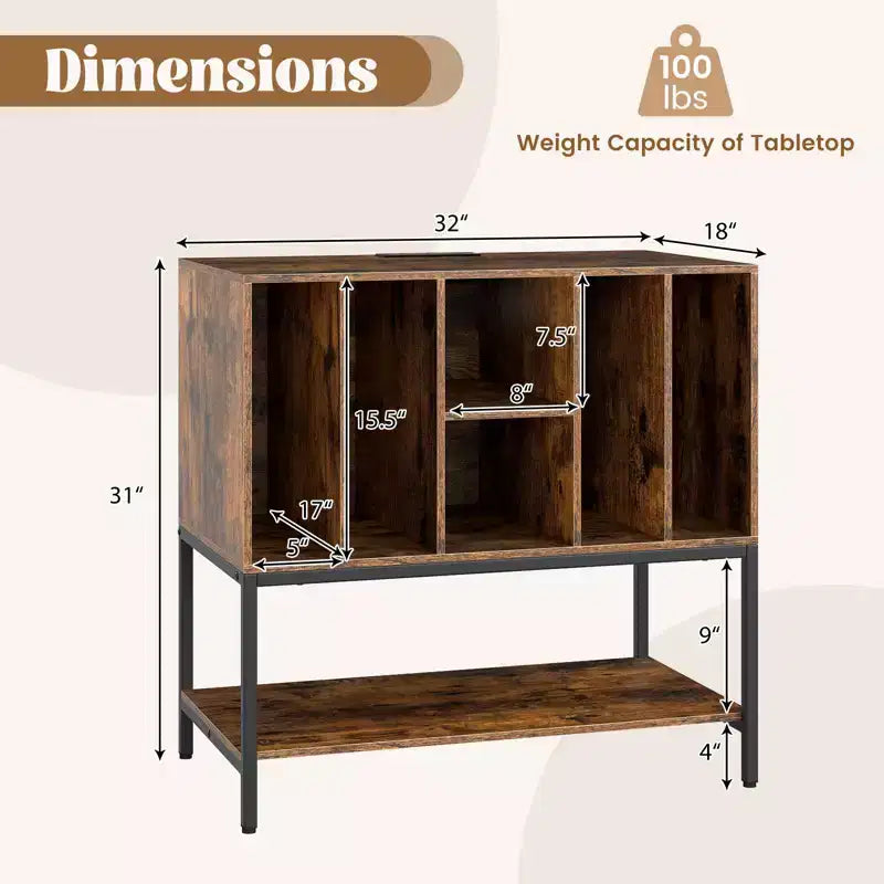 Record Player Stand with Charging Station, Vinyl Storage Shelves and Metal Frame