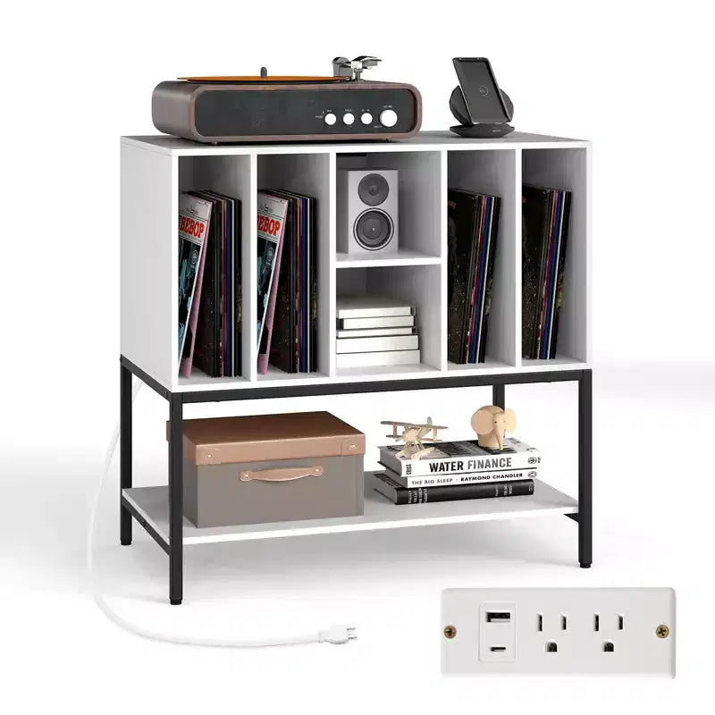 Record Player Stand with Charging Station, Vinyl Storage Shelves and Metal Frame