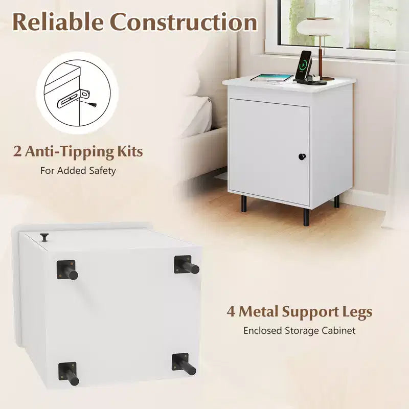 Mid-Century Modern Nightstand with Door and Heavy-Duty Metal Legs for Bedroom