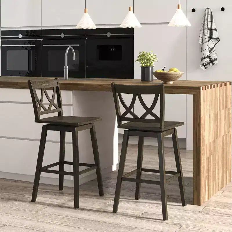 Set of 2 29-Inch Swivel Bar Stools with Rubber Wood Frame and Ergonomic Backrest