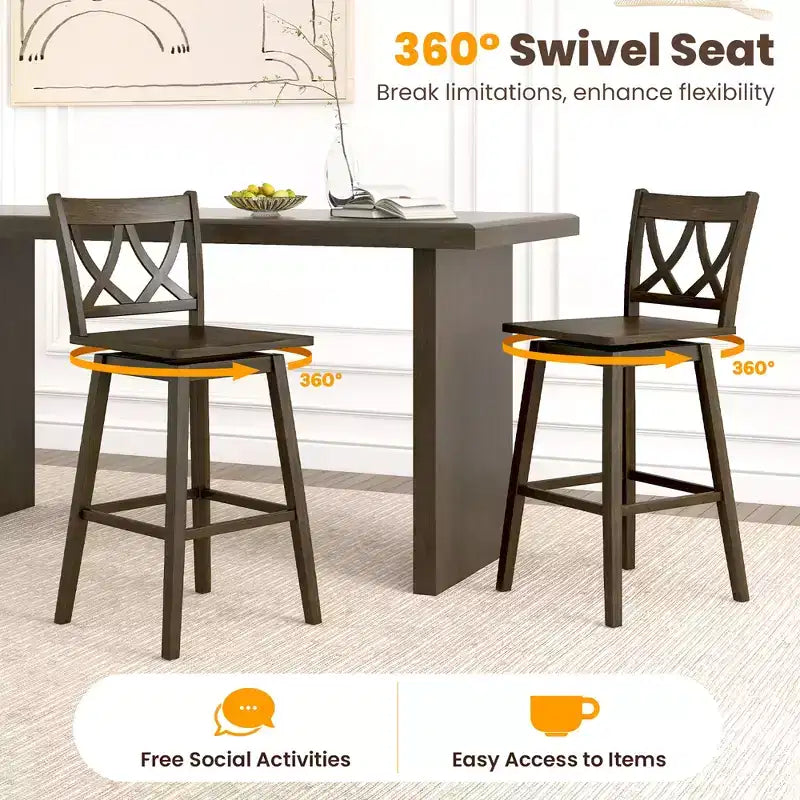 Set of 2 29-Inch Swivel Bar Stools with Rubber Wood Frame and Ergonomic Backrest