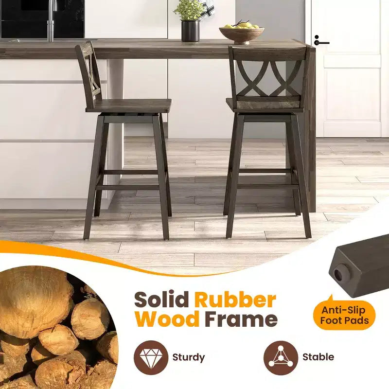 Set of 2 29-Inch Swivel Bar Stools with Rubber Wood Frame and Ergonomic Backrest