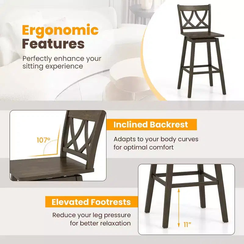 Set of 2 29-Inch Swivel Bar Stools with Rubber Wood Frame and Ergonomic Backrest