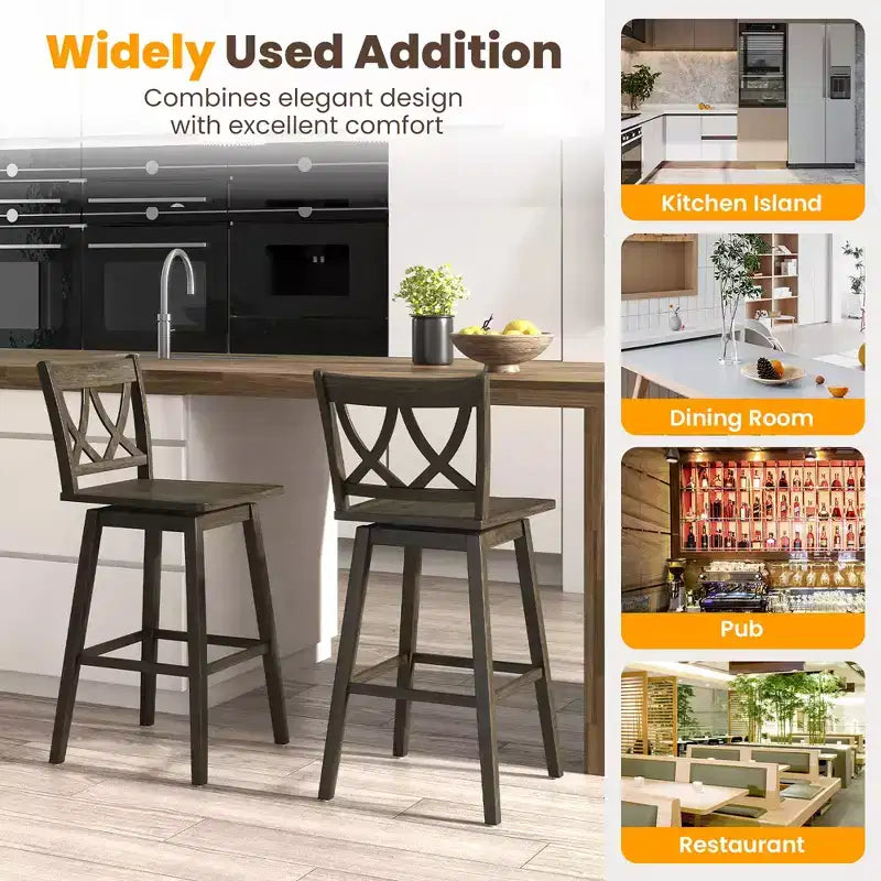 Set of 2 29-Inch Swivel Bar Stools with Rubber Wood Frame and Ergonomic Backrest