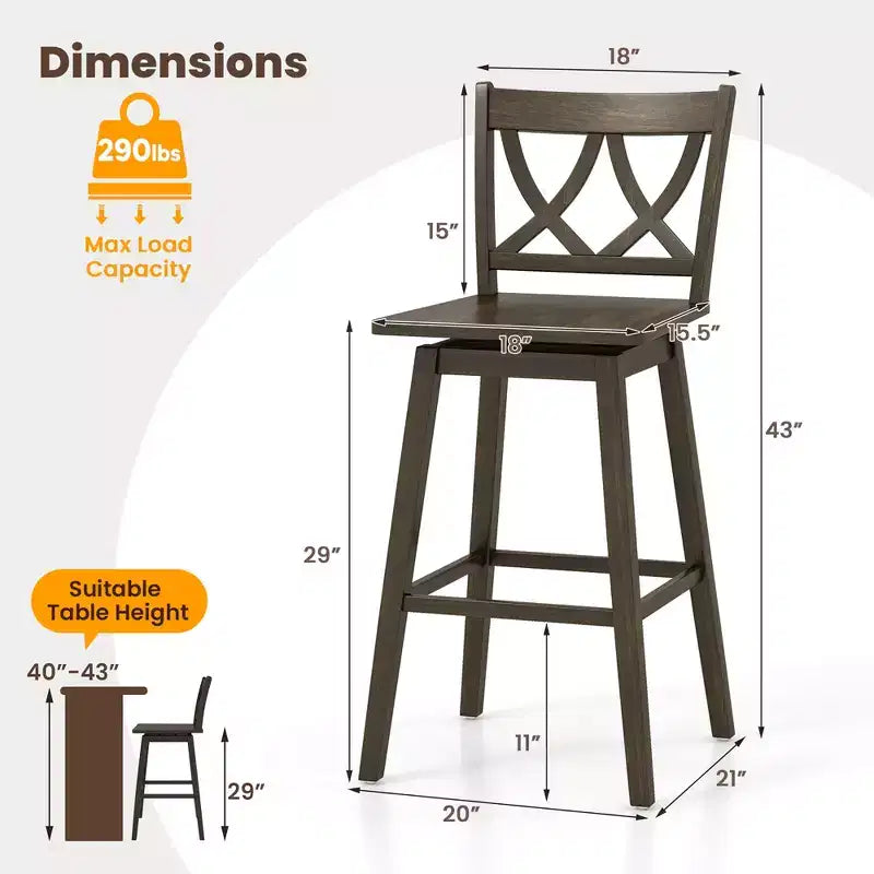 Set of 2 29-Inch Swivel Bar Stools with Rubber Wood Frame and Ergonomic Backrest