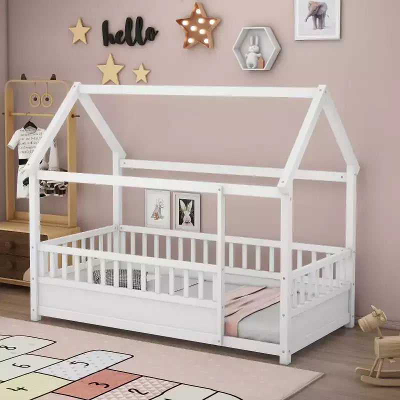 Full Size Montessori Toddler Floor Bed with House Roof Frame, Fence and Guardrails for Bedroom