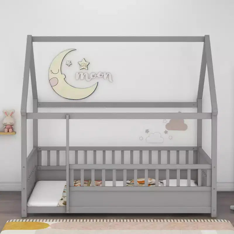 Full Size Montessori Toddler Floor Bed with House Roof Frame, Fence and Guardrails for Bedroom