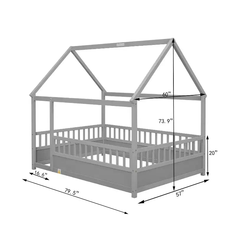 Full Size Montessori Toddler Floor Bed with House Roof Frame, Fence and Guardrails for Bedroom