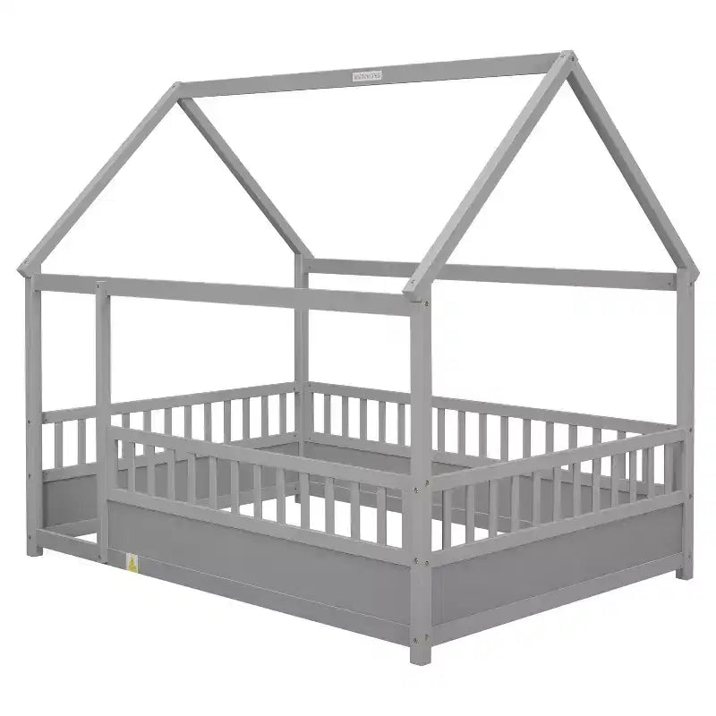 Full Size Montessori Toddler Floor Bed with House Roof Frame, Fence and Guardrails for Bedroom