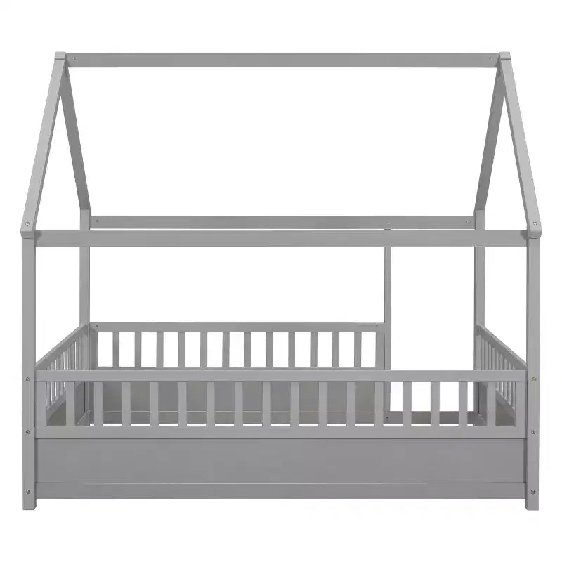 Full Size Montessori Toddler Floor Bed with House Roof Frame, Fence and Guardrails for Bedroom