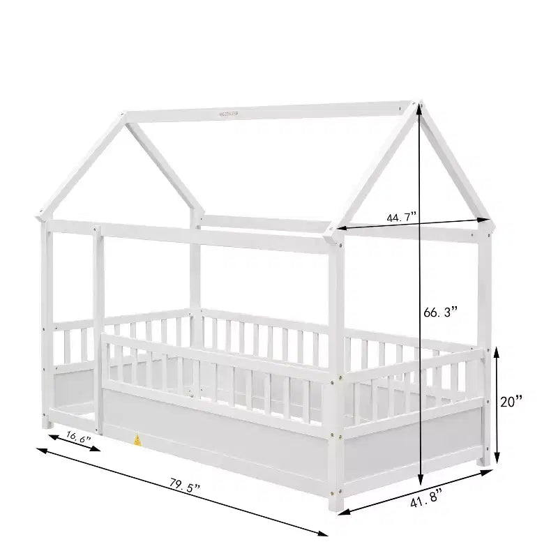 Full Size Montessori Toddler Floor Bed with House Roof Frame, Fence and Guardrails for Bedroom