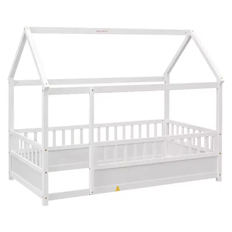 Full Size Montessori Toddler Floor Bed with House Roof Frame, Fence and Guardrails for Bedroom