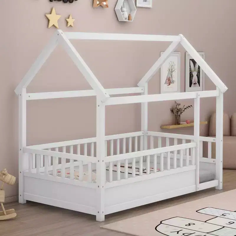 Full Size Montessori Toddler Floor Bed with House Roof Frame, Fence and Guardrails for Bedroom