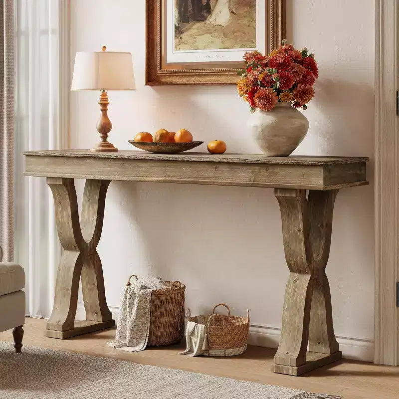 63-Inch Solid Wood Farmhouse Console Table with X-Shaped Legs for Entryway, Hallway, or Living Room