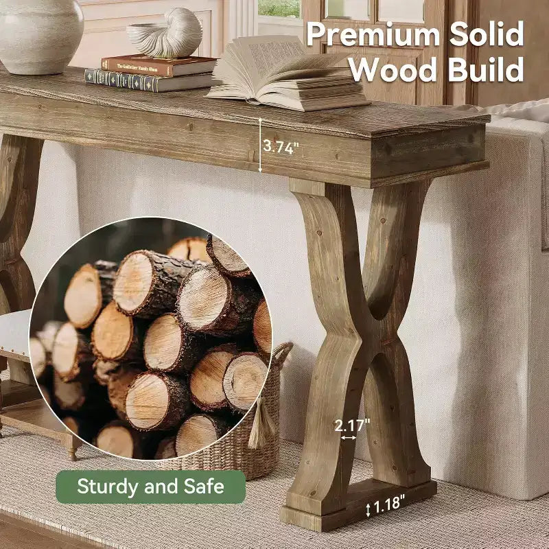 63-Inch Solid Wood Farmhouse Console Table with X-Shaped Legs for Entryway, Hallway, or Living Room