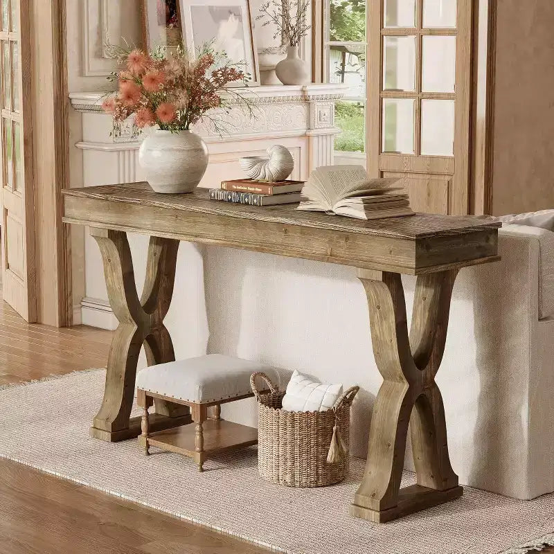 63-Inch Solid Wood Farmhouse Console Table with X-Shaped Legs for Entryway, Hallway, or Living Room