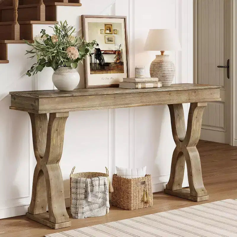 63-Inch Solid Wood Farmhouse Console Table with X-Shaped Legs for Entryway, Hallway, or Living Room