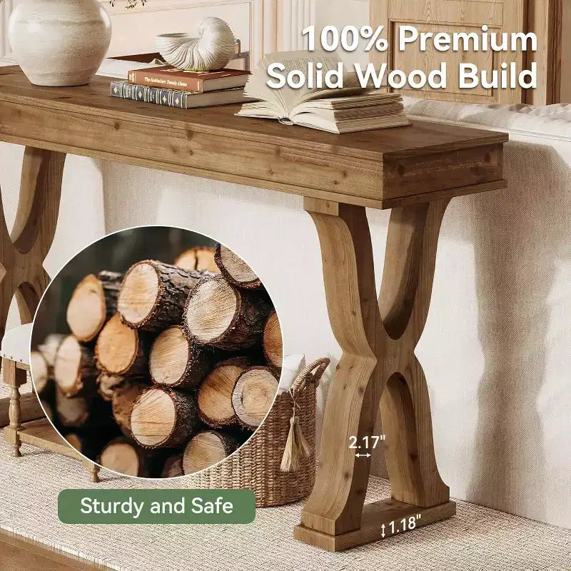 63-Inch Solid Wood Farmhouse Console Table with X-Shaped Legs for Entryway, Hallway, or Living Room