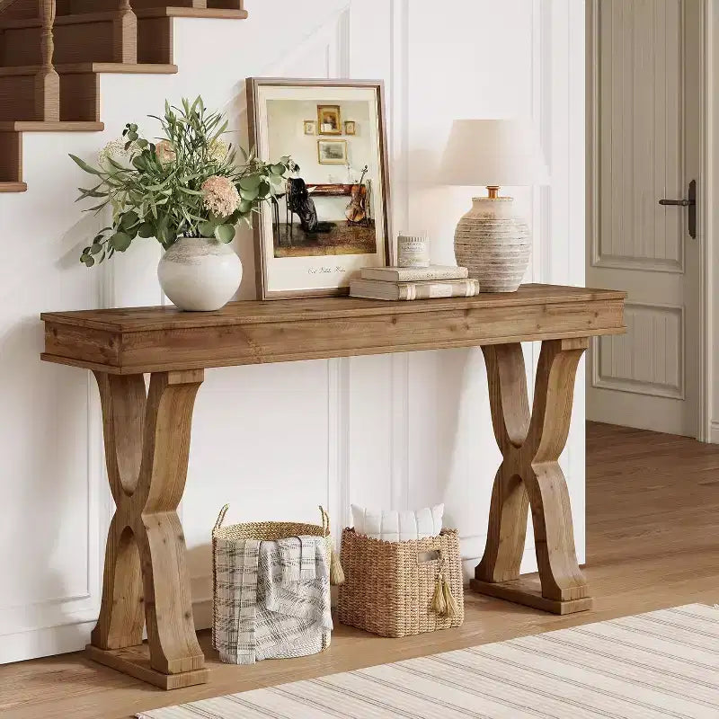63-Inch Solid Wood Farmhouse Console Table with X-Shaped Legs for Entryway, Hallway, or Living Room