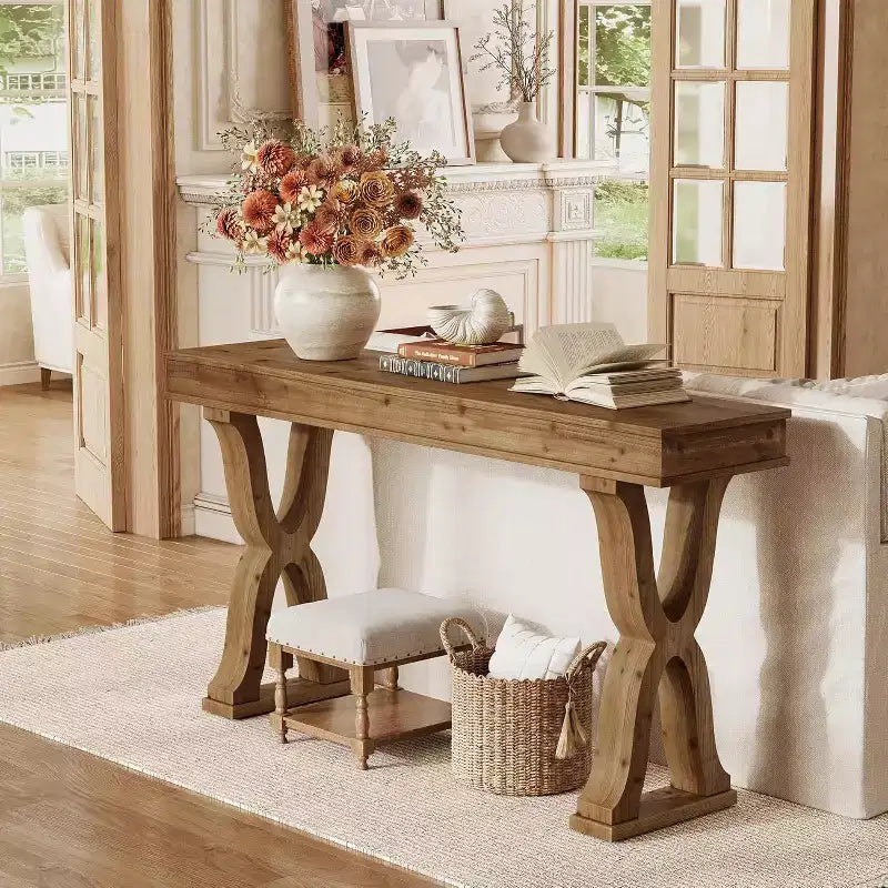 63-Inch Solid Wood Farmhouse Console Table with X-Shaped Legs for Entryway, Hallway, or Living Room