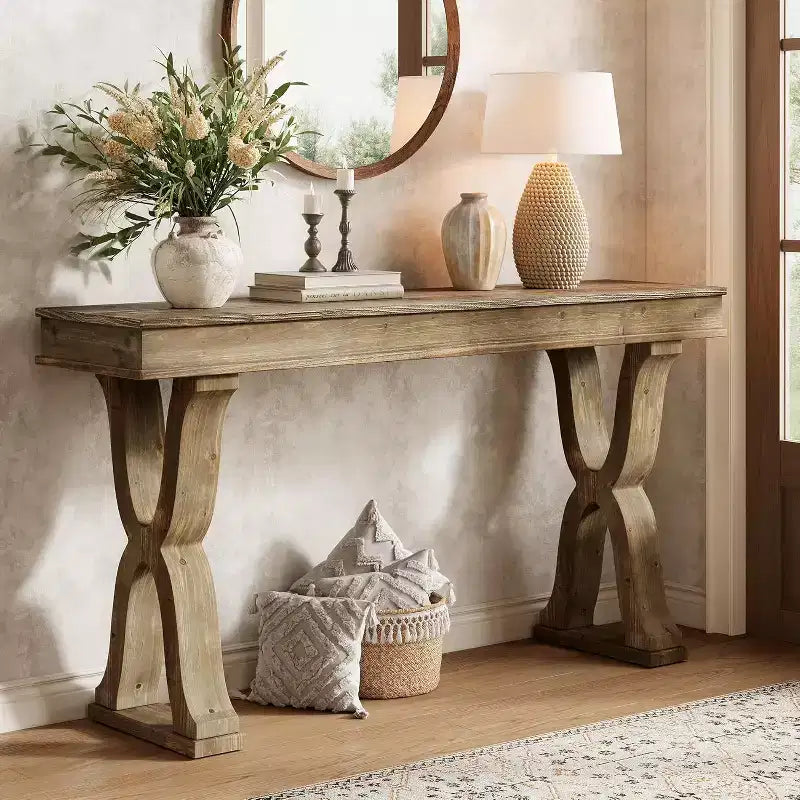 63-Inch Solid Wood Farmhouse Console Table with X-Shaped Legs for Entryway, Hallway, or Living Room