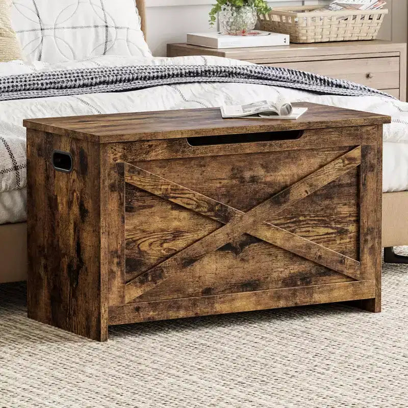30-Inch Wooden Storage Bench with Safety Hinge and Large Shoe Storage Chest