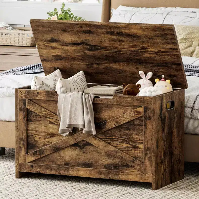30-Inch Wooden Storage Bench with Safety Hinge and Large Shoe Storage Chest