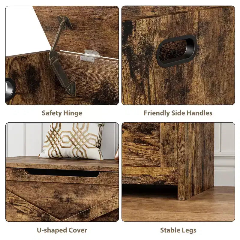 30-Inch Wooden Storage Bench with Safety Hinge and Large Shoe Storage Chest
