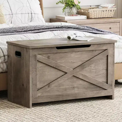 30-Inch Wooden Storage Bench with Safety Hinge and Large Shoe Storage Chest