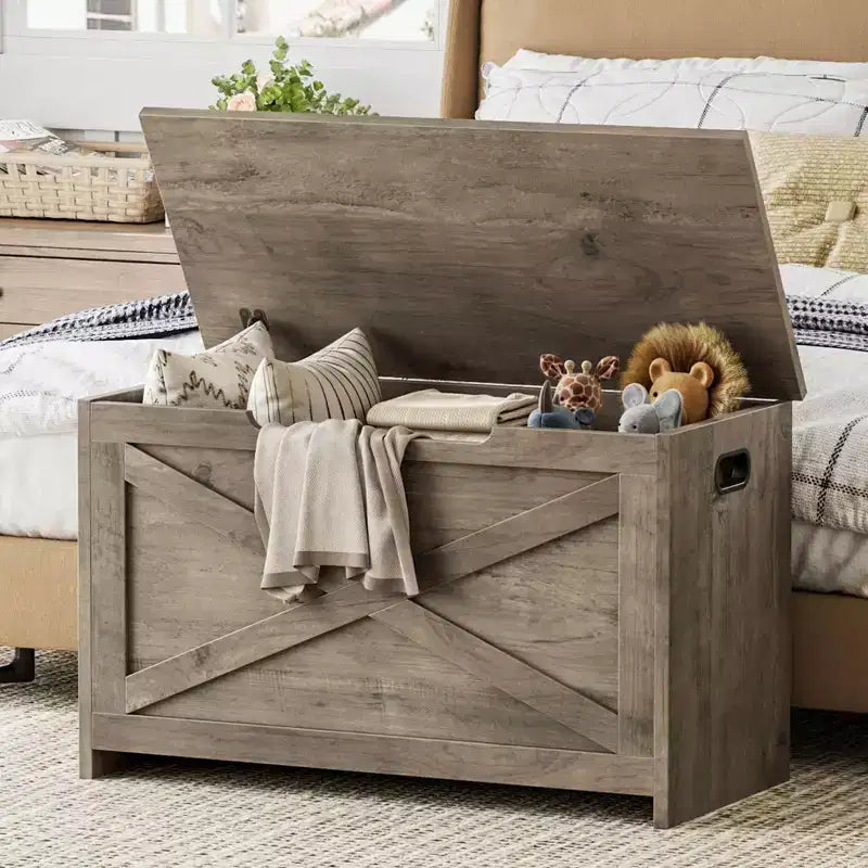 30-Inch Wooden Storage Bench with Safety Hinge and Large Shoe Storage Chest
